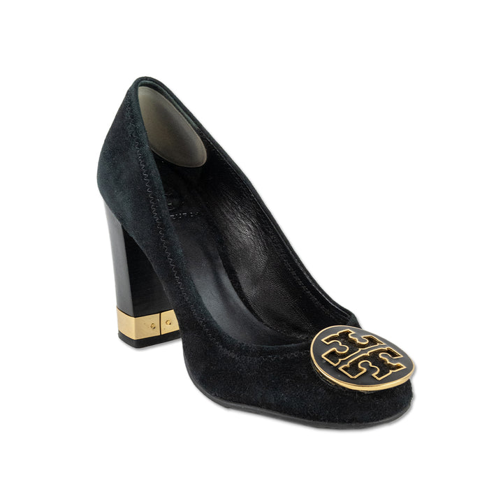 Tory Burch Black Suede Logo Heels with Gold Accents