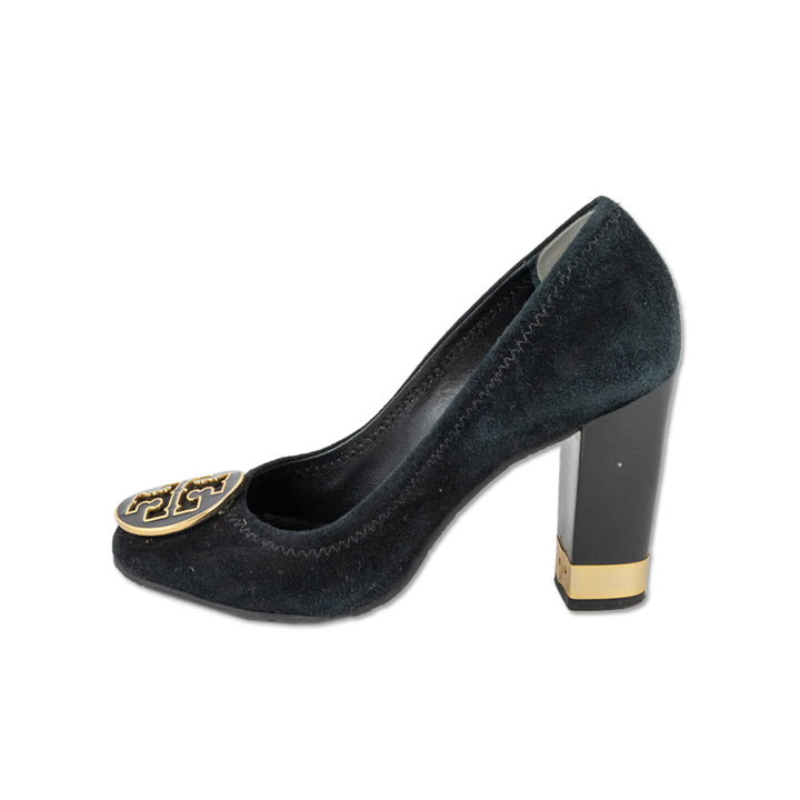 Tory Burch Black Suede Logo Heels with Gold Accents