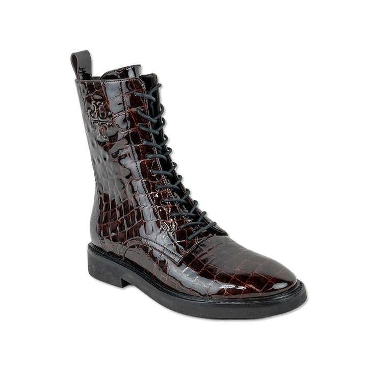 Tory Burch Brown Croc-Embossed Patent Leather Combat Boots