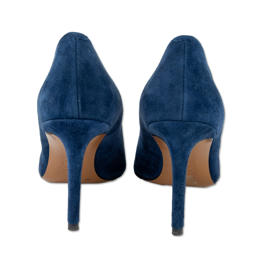 Tory Burch Elizabeth Navy Blue Suede Gold Accent Pumps