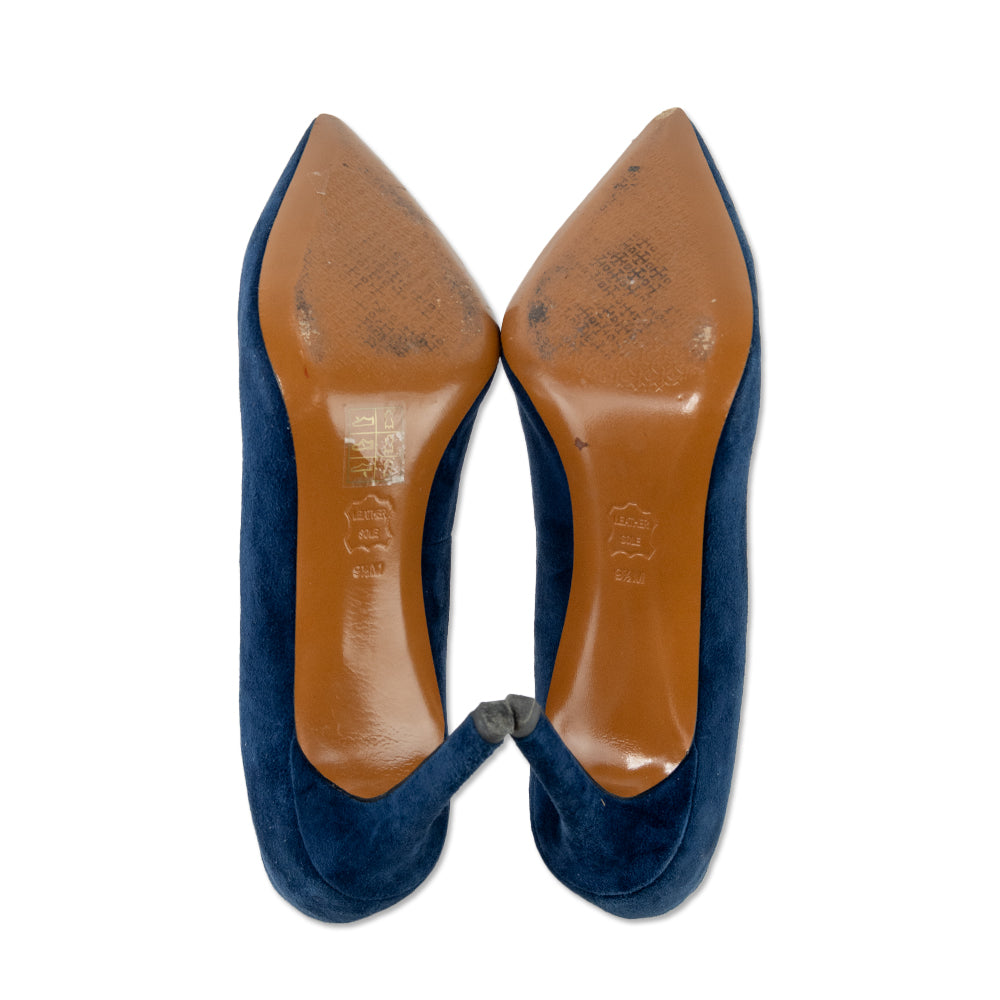 Tory Burch Elizabeth Navy Blue Suede Gold Accent Pumps