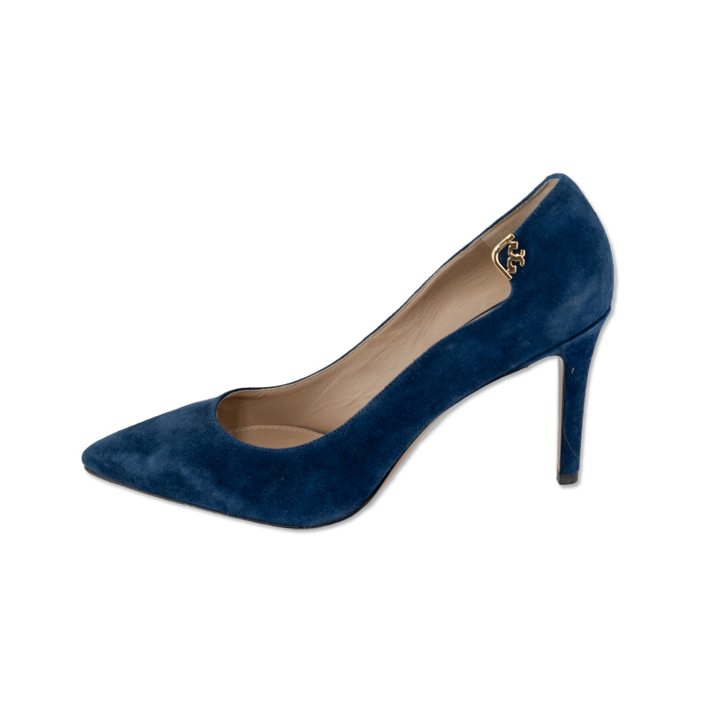 Tory Burch Elizabeth Navy Blue Suede Gold Accent Pumps