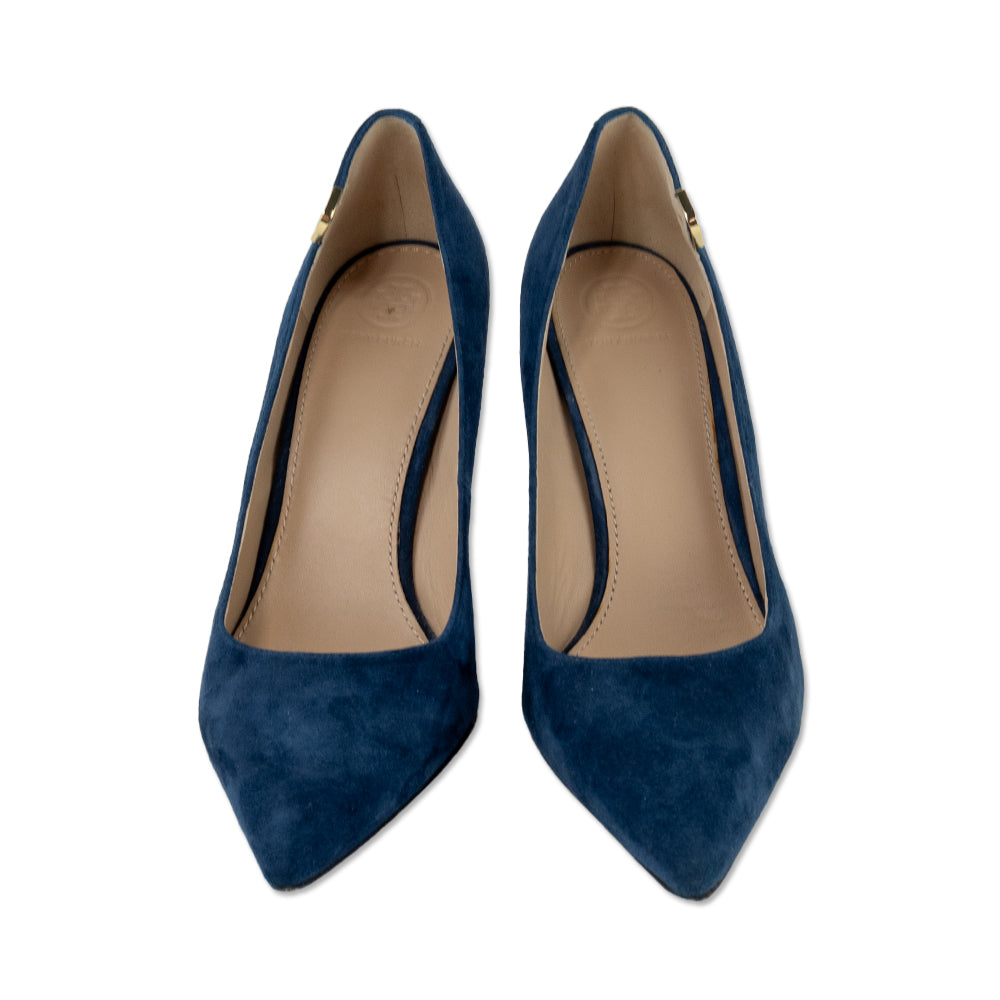 Tory Burch Elizabeth Navy Blue Suede Gold Accent Pumps