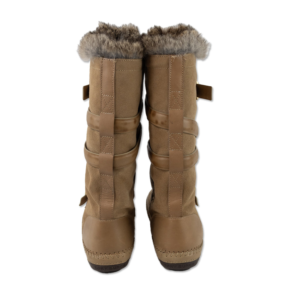 Tory Burch Jaden Rabbit Fur-Lined Tan Leather Suede Boots