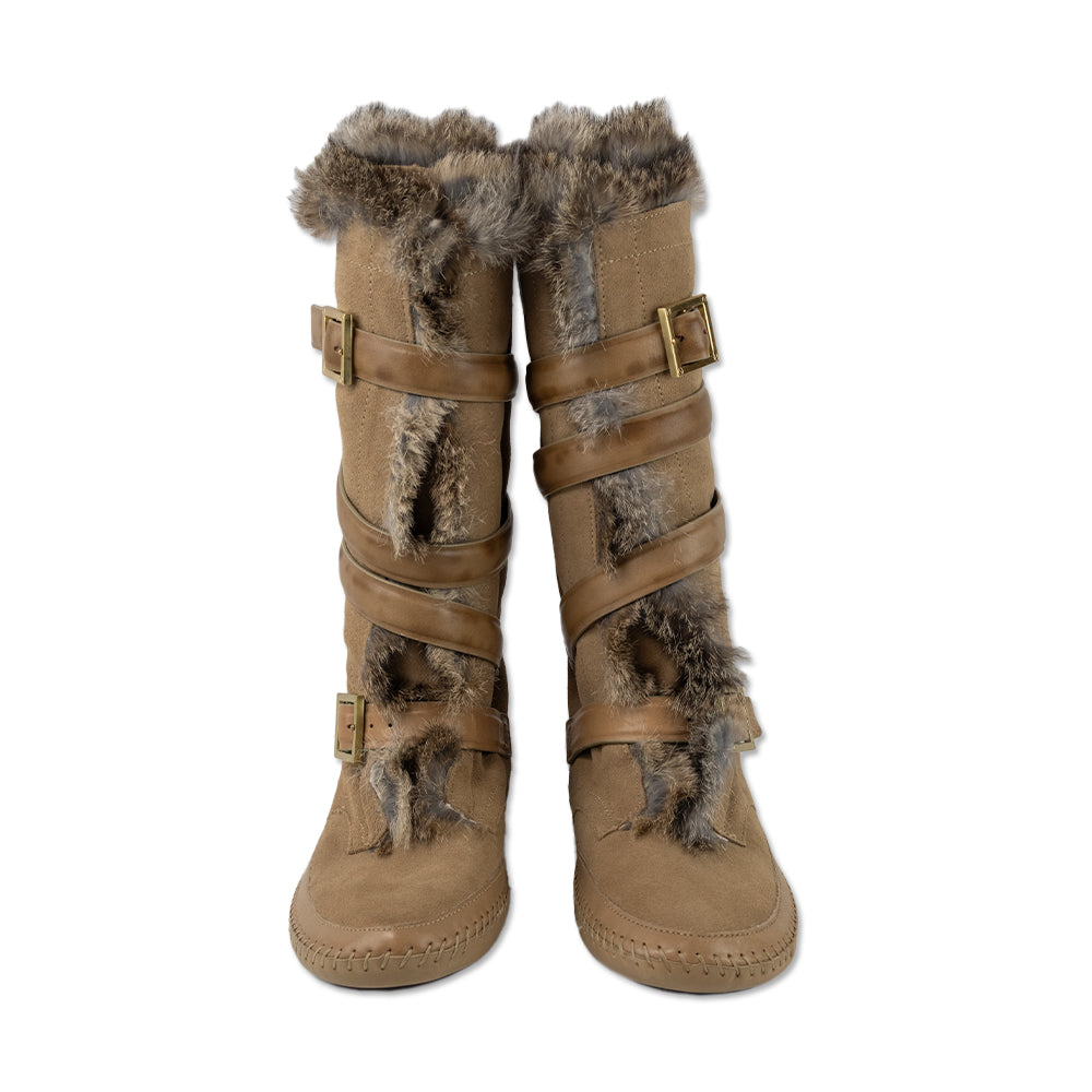 Tory Burch Jaden Rabbit Fur-Lined Tan Leather Suede Boots