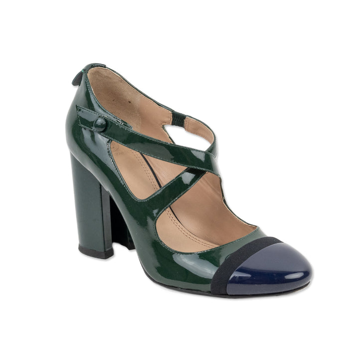 Tory Burch Navy Cap Toe Green Patent Leather Heel