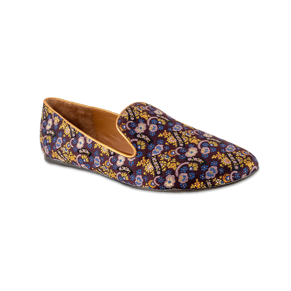 Tory Burch Purple Flower Print Canvas Loafers with a Gold Trim