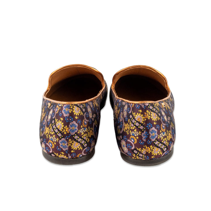 Tory Burch Purple Flower Print Canvas Loafers with a Gold Trim