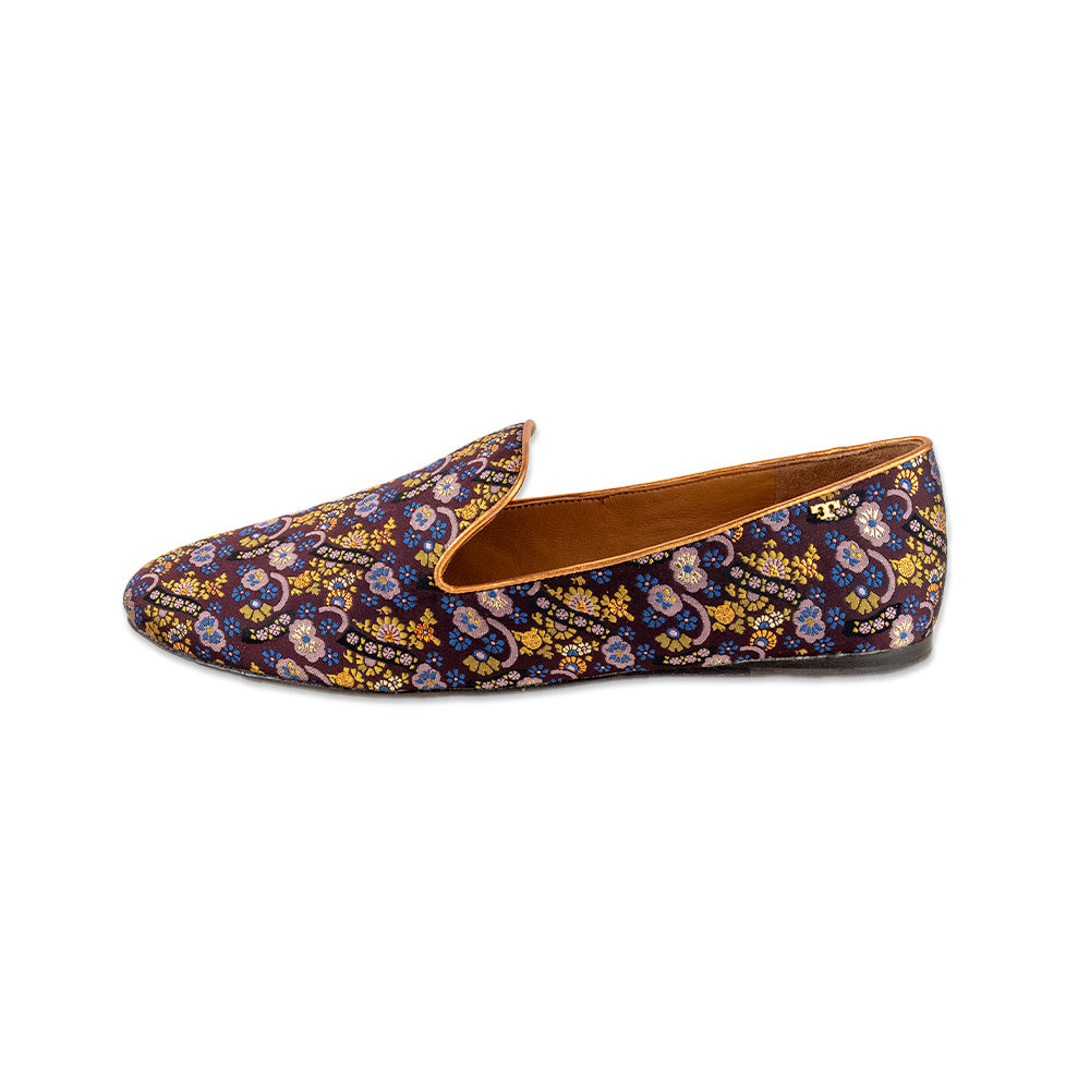 Tory Burch Purple Flower Print Canvas Loafers with a Gold Trim