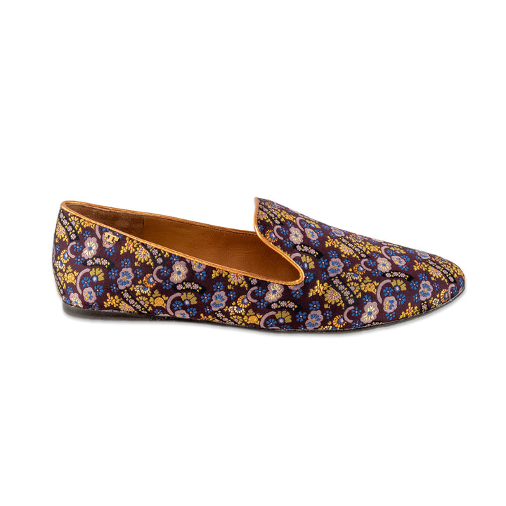 Tory Burch Purple Flower Print Canvas Loafers with a Gold Trim