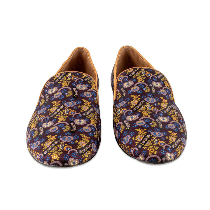 Tory Burch Purple Flower Print Canvas Loafers with a Gold Trim