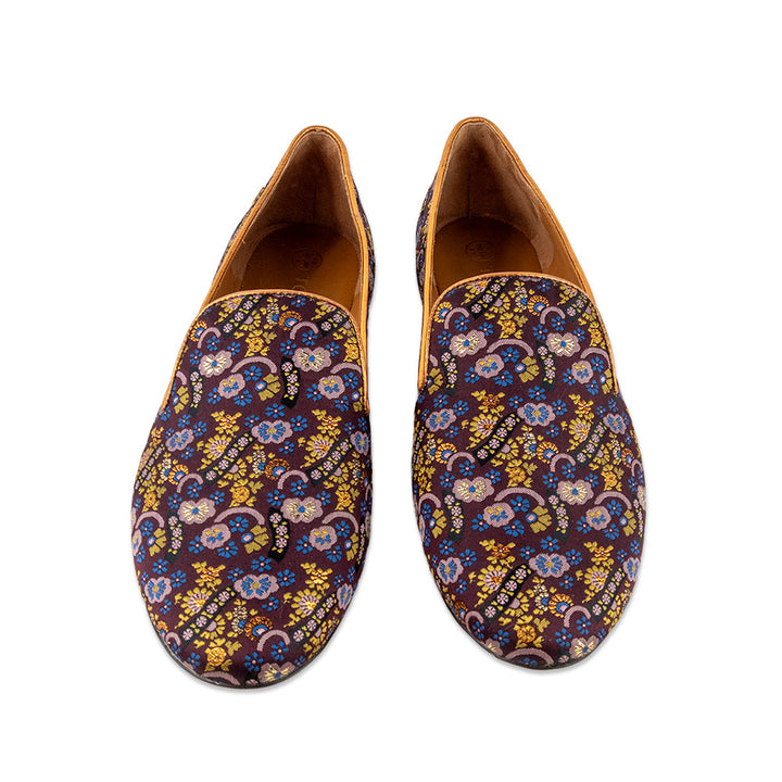 Tory Burch Purple Flower Print Canvas Loafers with a Gold Trim