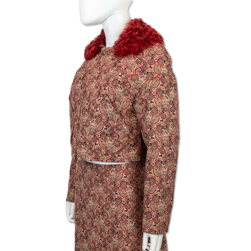 Tory Burch Red Paisley Print Lamb Fur Collar Cropped Jacket