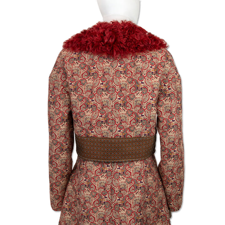 Tory Burch Red Paisley Print Lamb Fur Collar Cropped Jacket