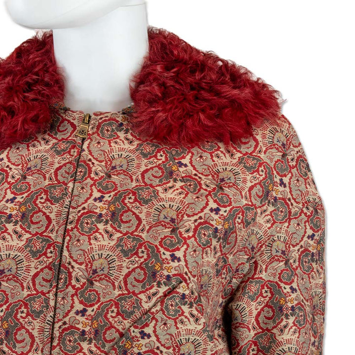 Tory Burch Red Paisley Print Lamb Fur Collar Cropped Jacket