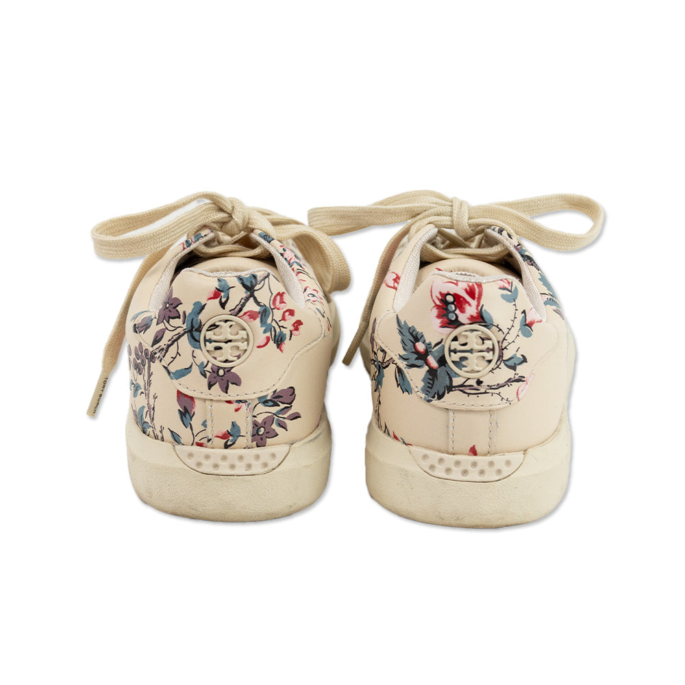 Tory Burch Round Toe Floral Print Leather Low Top Sneakers