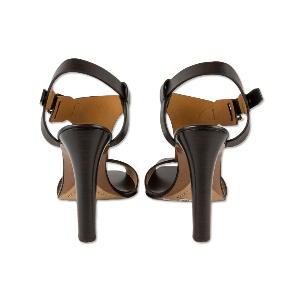 Ralph Lauren Chocolate Brown Leather T-Strap Heels with Gold Buckles