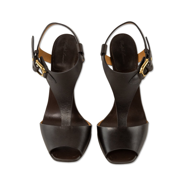 Ralph Lauren Chocolate Brown Leather T-Strap Heels with Gold Buckles