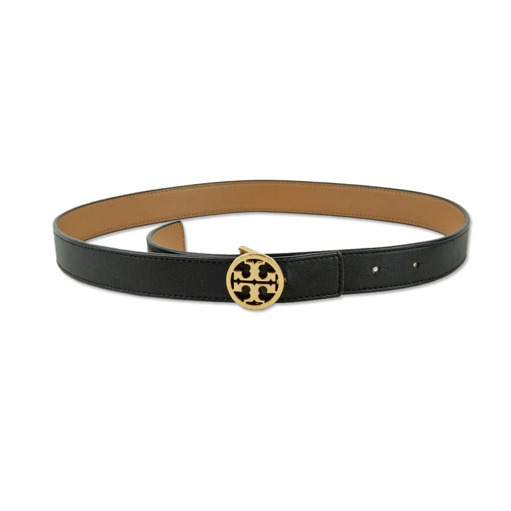 Tory Burch Thin Black Leather Logo Belt