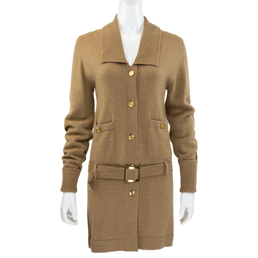 Chanel Vintage Tan Cashmere CC Belted Cardigan