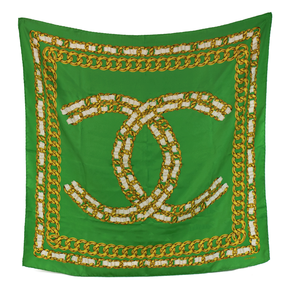 Chanel Vintage Green 
Gold Chain Silk Square Scarf