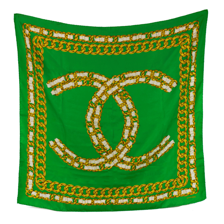 Chanel Vintage Green 
Gold Chain Silk Square Scarf