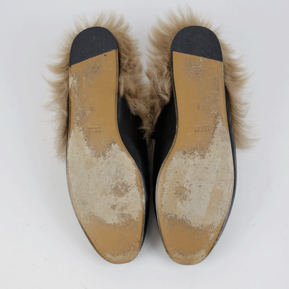 Gucci Princetown Black Leather Fur Mules