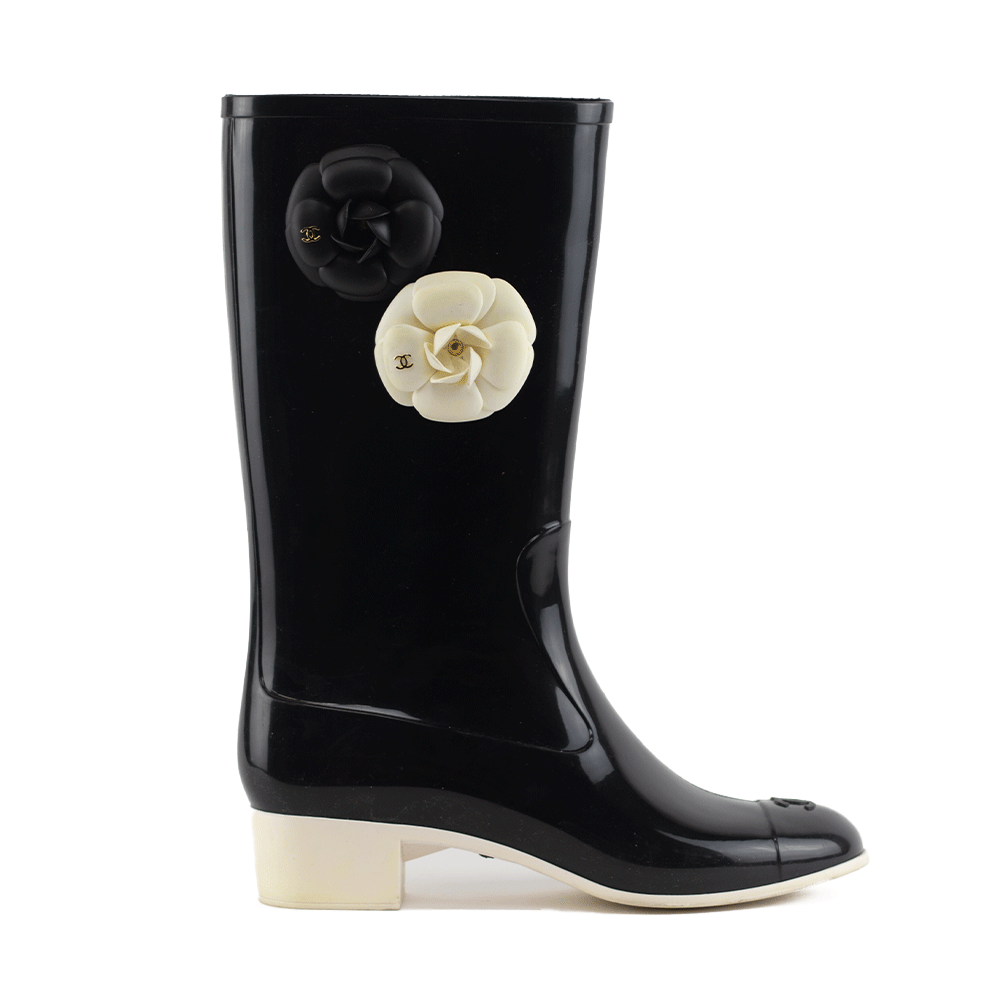 Chanel Black Rubber Camellia Rain Boots