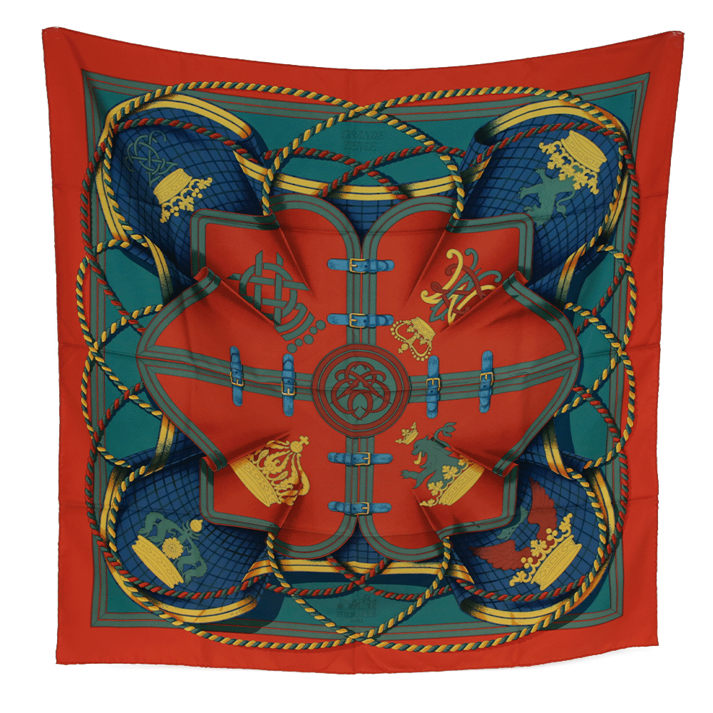 Hermès Grande Tenue Red 
Green Silk Scarf