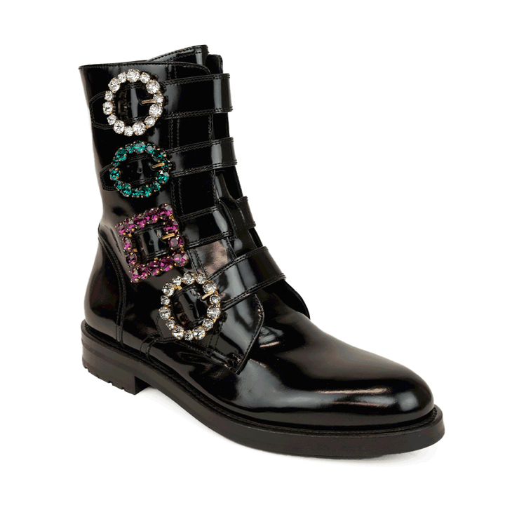 Dolce 
Gabbana Black Leather Crystal Buckle Combat Boots