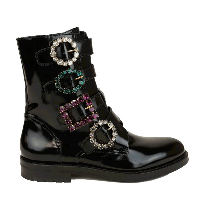 Dolce 
Gabbana Black Leather Crystal Buckle Combat Boots