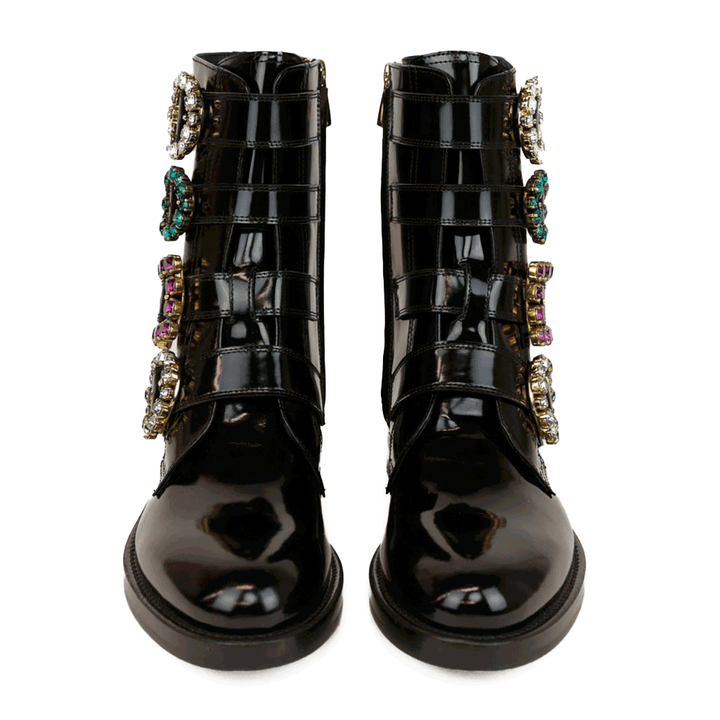 Dolce 
Gabbana Black Leather Crystal Buckle Combat Boots