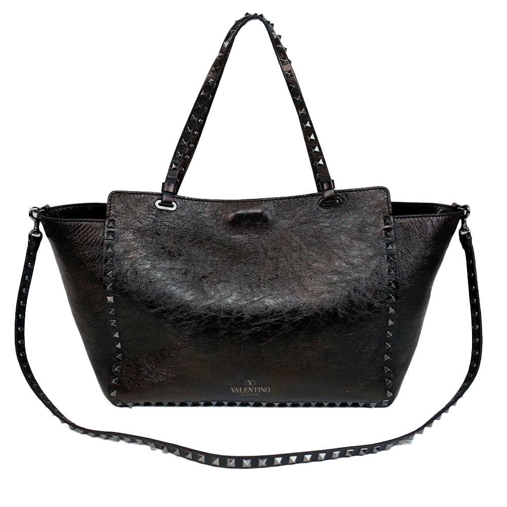 Valentino Metallic Crinkled Black Leather Rockstud Tote Bag