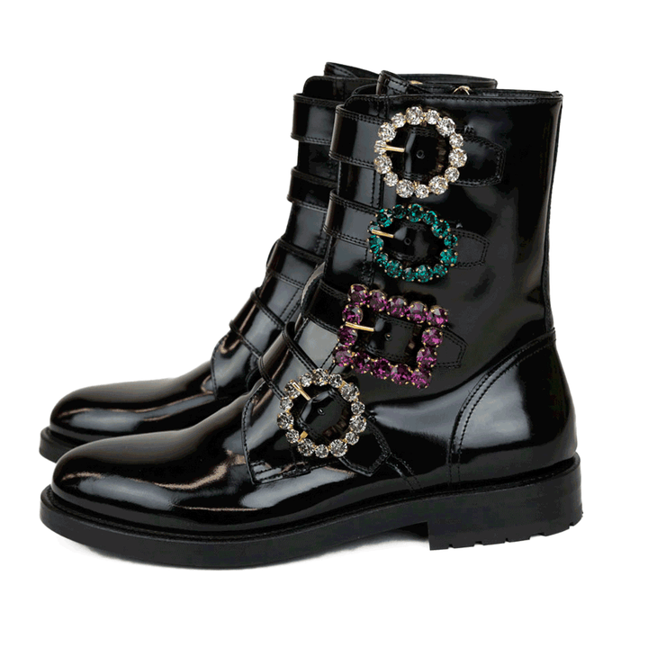 Dolce 
Gabbana Black Leather Crystal Buckle Combat Boots