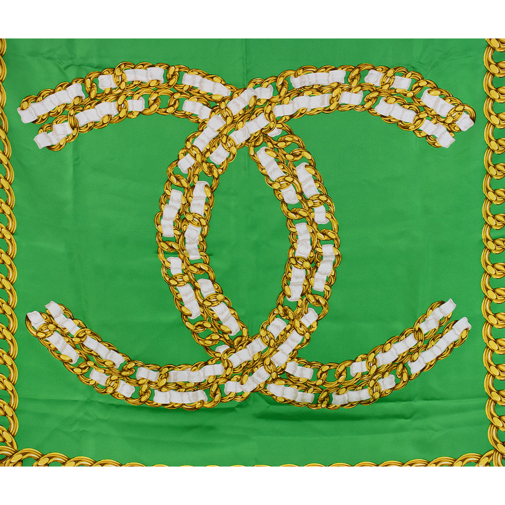 Chanel Vintage Green 
Gold Chain Silk Square Scarf