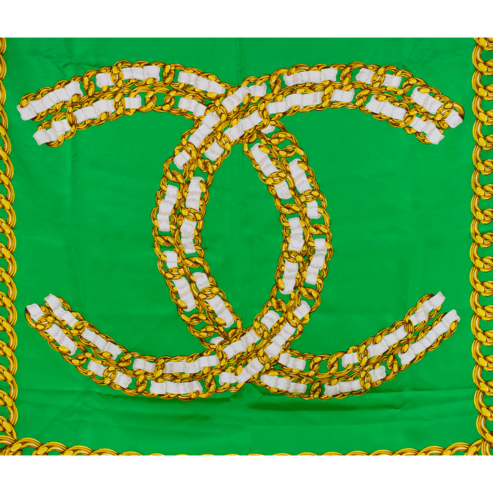 Chanel Vintage Green 
Gold Chain Silk Square Scarf