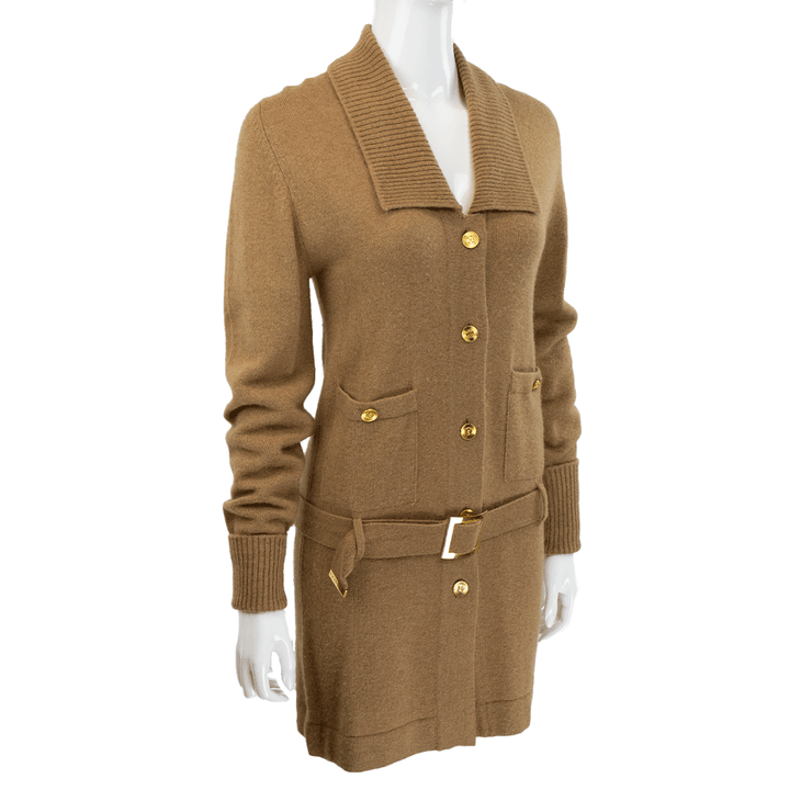 Chanel Vintage Tan Cashmere CC Belted Cardigan