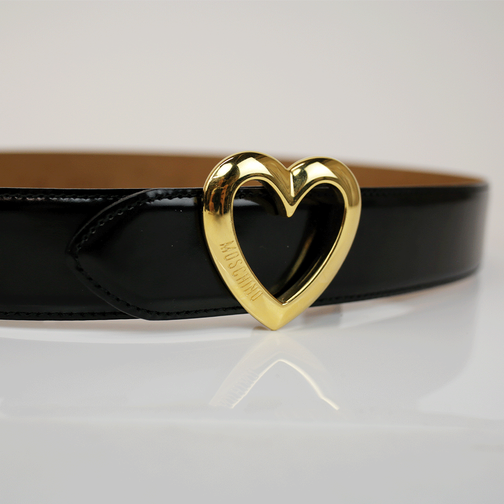 Moschino Heart Buckle Black Leather Belt