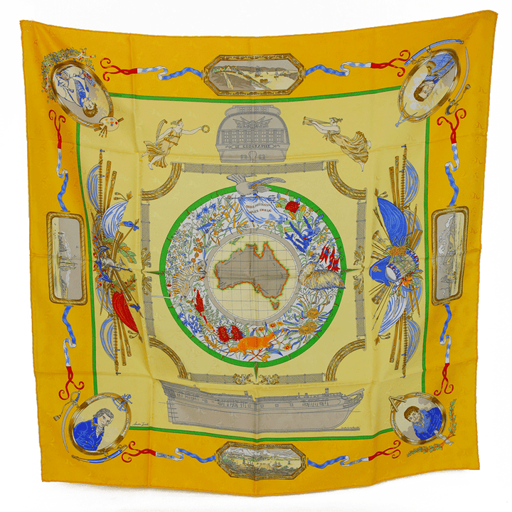 Hermès Le Geographe Yellow Silk Scarf