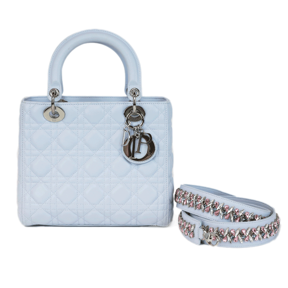 Christian Dior Powder Blue Medium Lady Dior with Crystal Strap