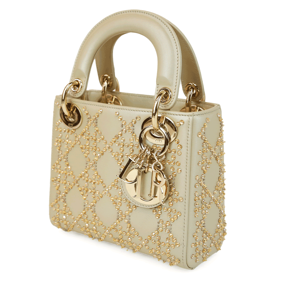 Christian Dior Champagne Beaded Mini Lady Dior Bag