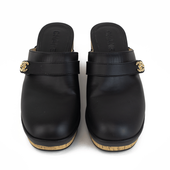 Chanel Black Leather Turnlock Mules