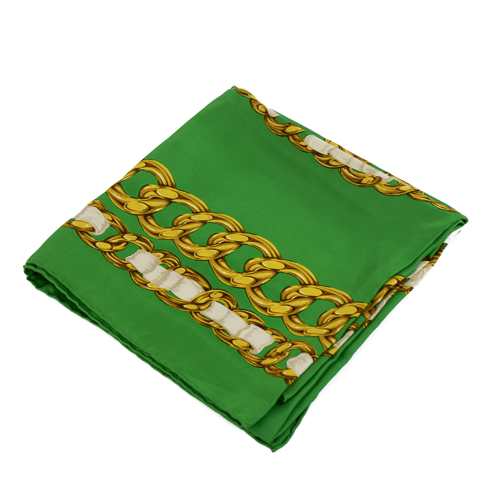 Chanel Vintage Green 
Gold Chain Silk Square Scarf