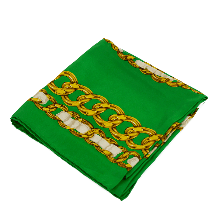 Chanel Vintage Green 
Gold Chain Silk Square Scarf