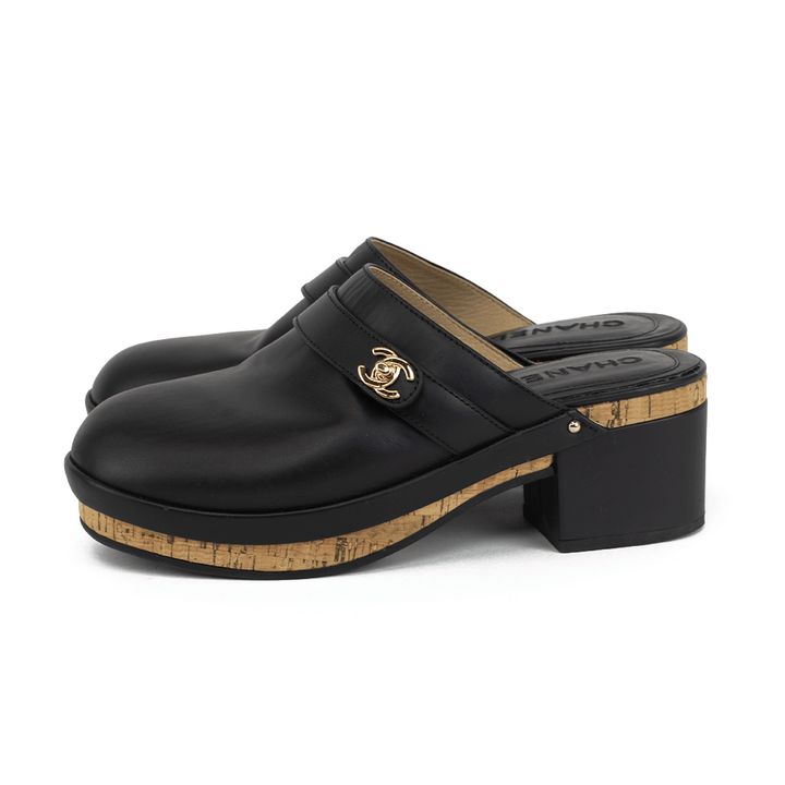 Chanel Black Leather Turnlock Mules