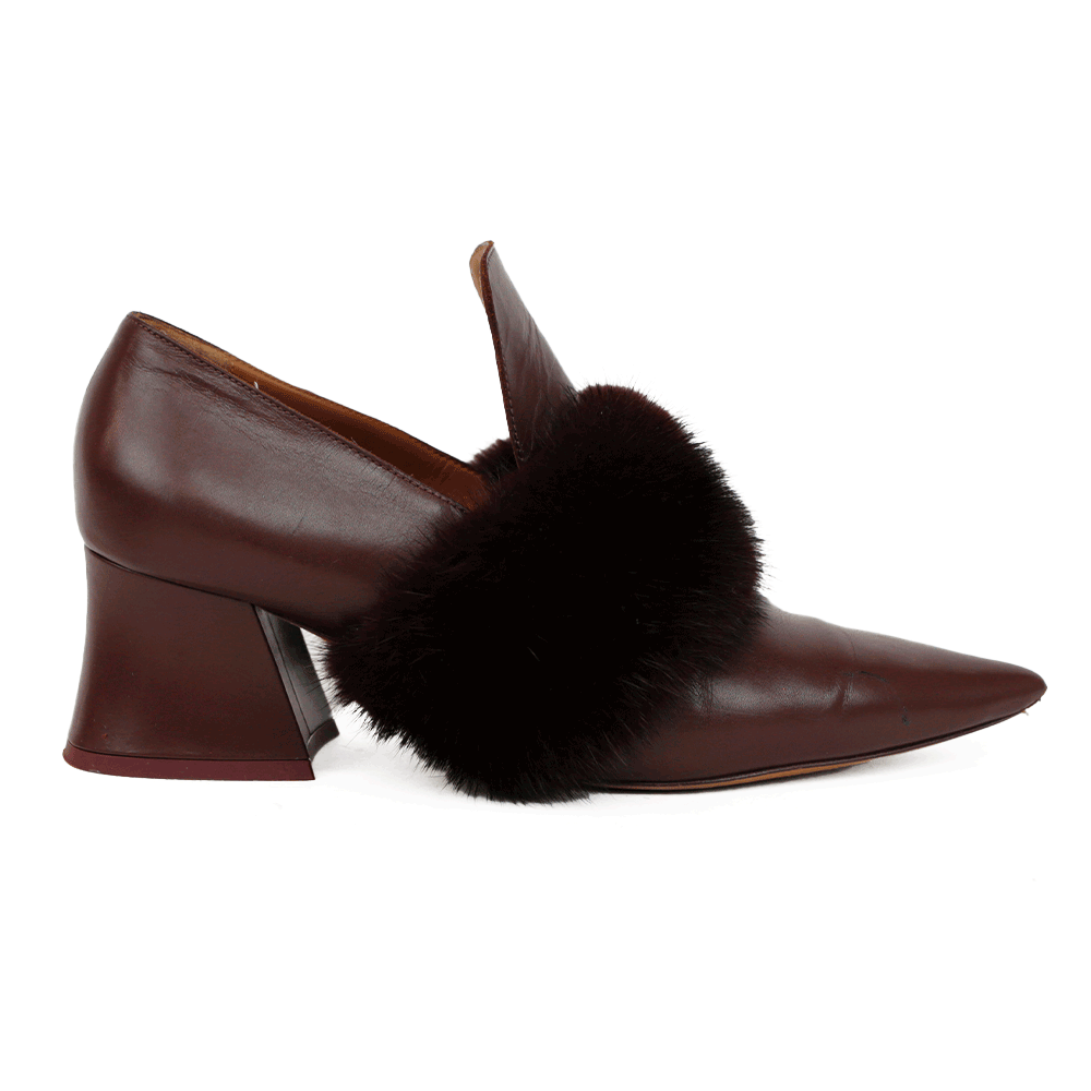 Givenchy Burgundy Leather Pointed Toe Fur Trim Pumps