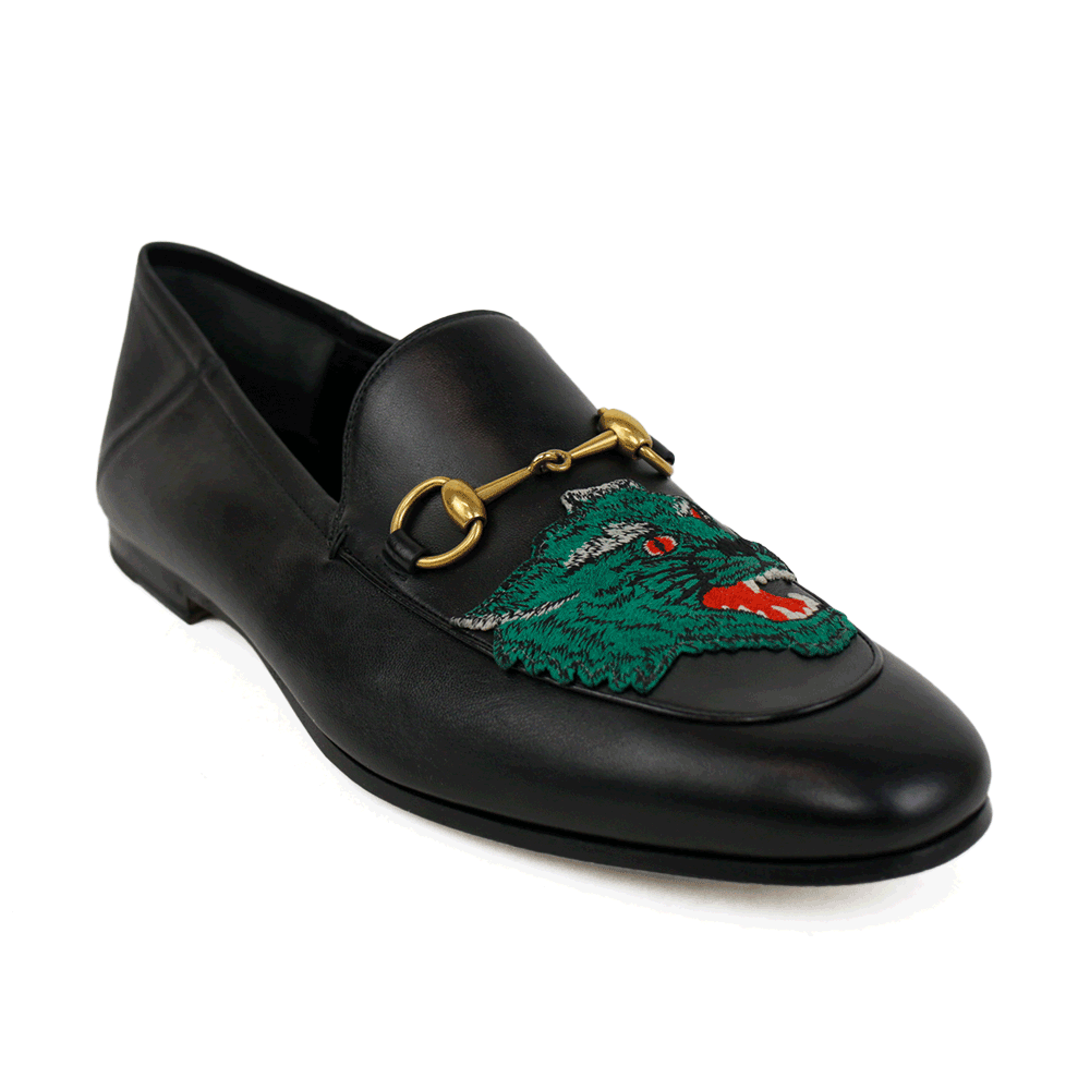 Gucci Men
s Brixton Black Leather Tiger Horsebit Loafers