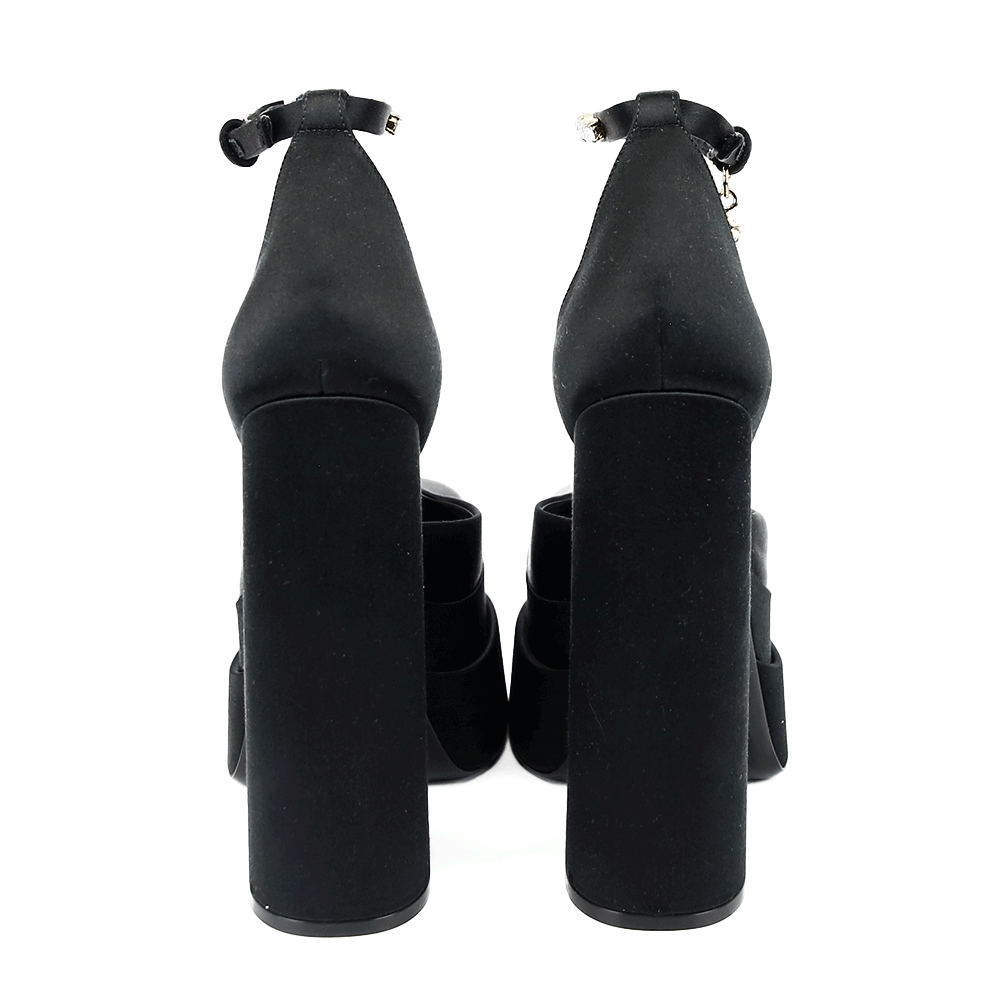 back view of Versace Medusa Aevitas Black Satin Platform Pumps