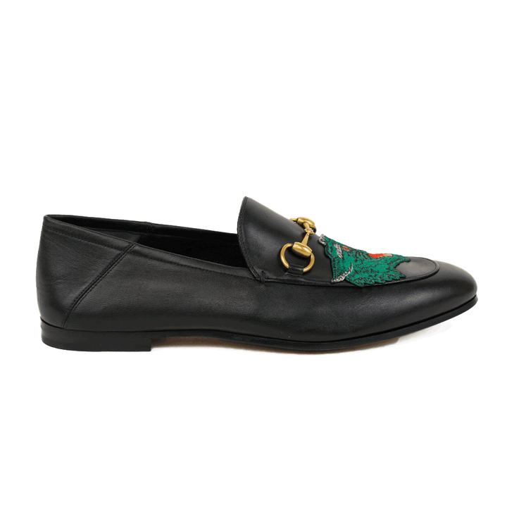 Gucci Men
s Brixton Black Leather Tiger Horsebit Loafers