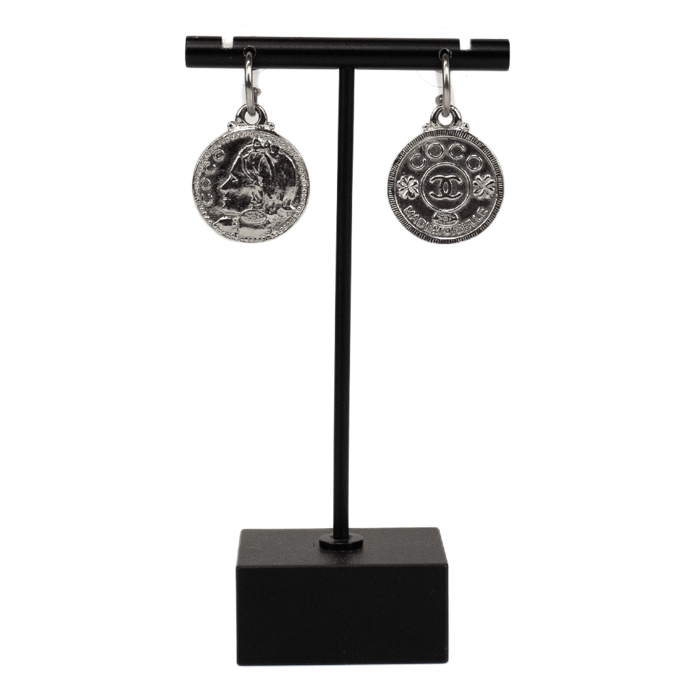 Chanel Silver Mademoiselle Coin Drop Earrings